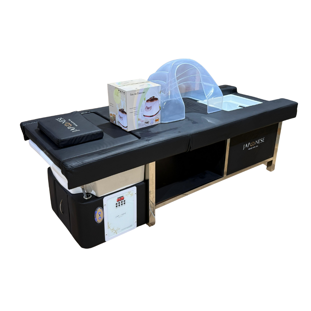Japanese Head Spa Black Full Bed with Foot Spa Plumbed - with Electric Back Rest (inc. Steamer, Steamer Hood & 2 x Water Heater)